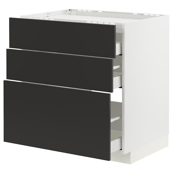 METOD / MAXIMERA - Base cab f hob/3 fronts/3 drawers, white/Nickebo matt anthracite , 80x60 cm - best price from Maltashopper.com 89499053