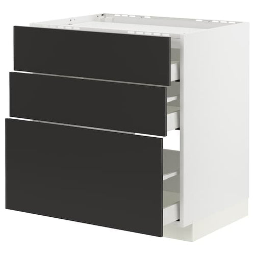 METOD / MAXIMERA - Base cab f hob/3 fronts/3 drawers, white/Nickebo matt anthracite , 80x60 cm