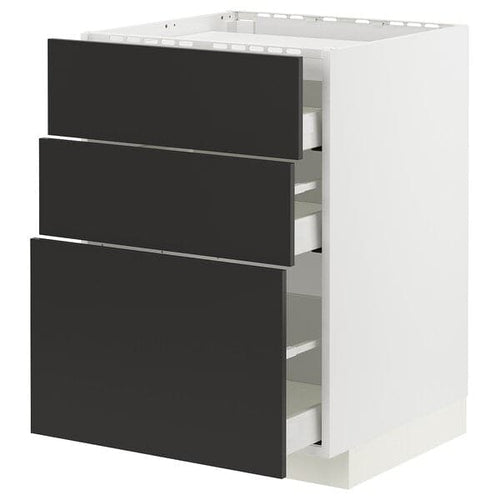 METOD / MAXIMERA - Base cab f hob/3 fronts/3 drawers, white/Nickebo matt anthracite, 60x60 cm