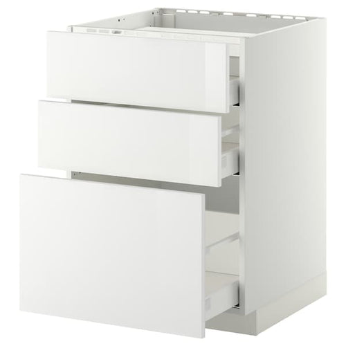 METOD / MAXIMERA - Base cab f hob/3 fronts/3 drawers, white/Ringhult white, 60x60 cm