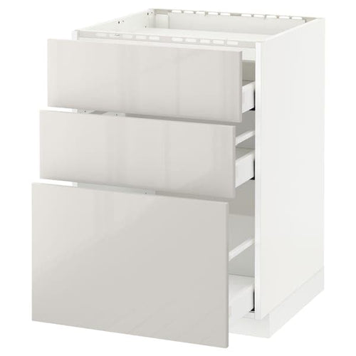 METOD / MAXIMERA - Base cab f hob/3 fronts/3 drawers, white/Ringhult light grey, 60x60 cm