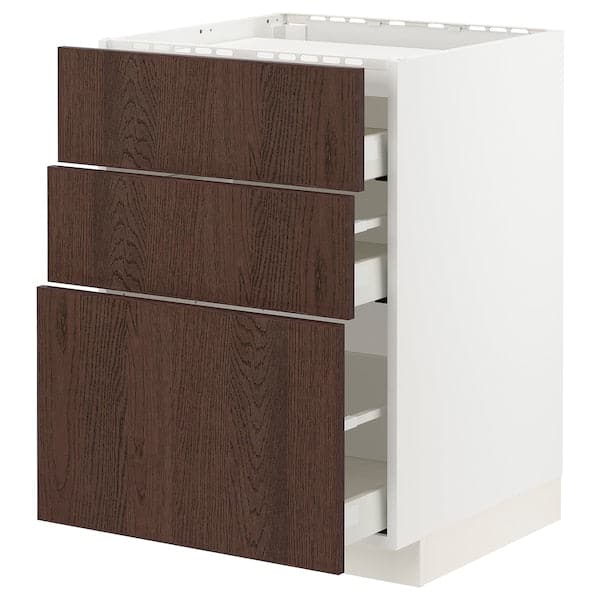 METOD / MAXIMERA - Base cab f hob/3 fronts/3 drawers, white/Sinarp brown , 60x60 cm