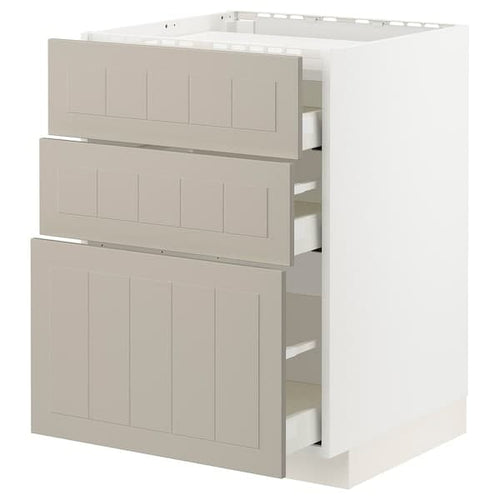 METOD / MAXIMERA - Base cab f hob/3 fronts/3 drawers, white/Stensund beige, 60x60 cm