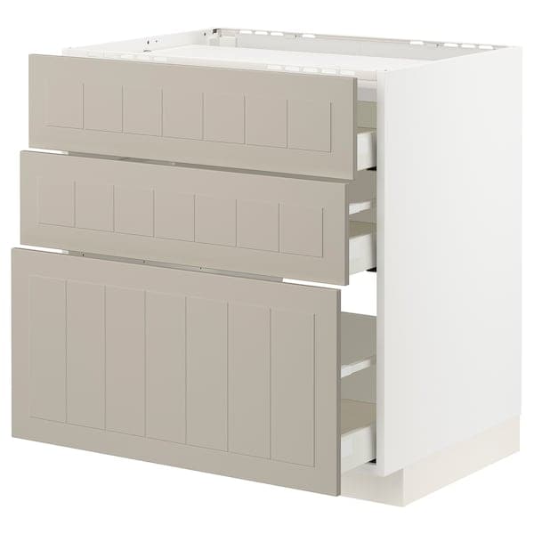 METOD / MAXIMERA - Base cab f hob/3 fronts/3 drawers, white/Stensund beige, 80x60 cm