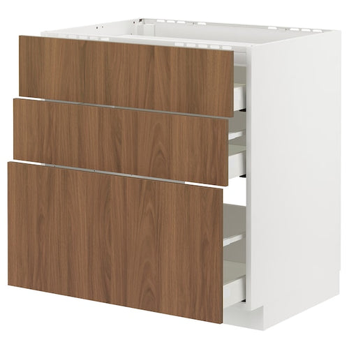 METOD / MAXIMERA - Base cab f hob/3 fronts/3 drawers, white/Tistorp brown walnut effect, 80x60 cm