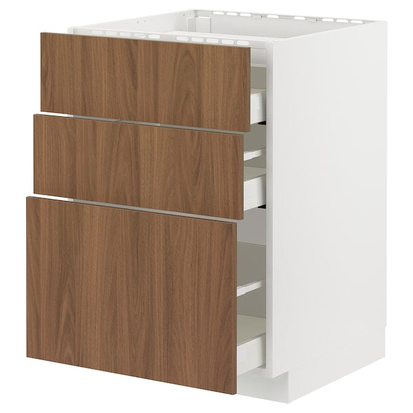 METOD / MAXIMERA - Base cab f hob/3 fronts/3 drawers, white/Tistorp brown walnut effect, 60x60 cm - best price from Maltashopper.com 49519604