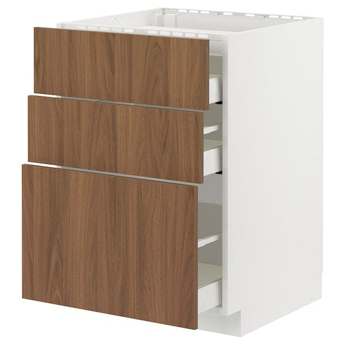 METOD / MAXIMERA - Base cab f hob/3 fronts/3 drawers, white/Tistorp brown walnut effect, 60x60 cm