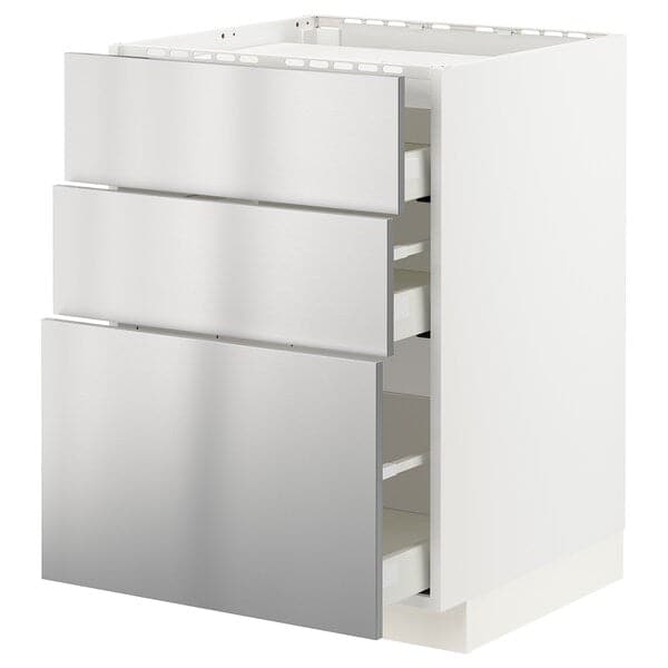 METOD / MAXIMERA - Base cab f hob/3 fronts/3 drawers, white/Vårsta stainless steel, 60x60 cm - best price from Maltashopper.com 29329884