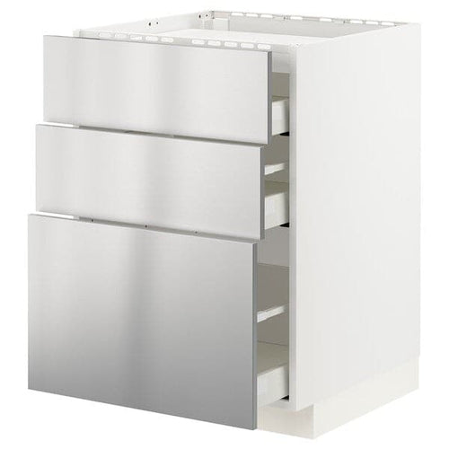 METOD / MAXIMERA - Base cab f hob/3 fronts/3 drawers, white/Vårsta stainless steel, 60x60 cm