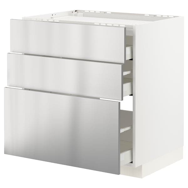 METOD / MAXIMERA - Base cab f hob/3 fronts/3 drawers, white/Vårsta stainless steel, 80x60 cm