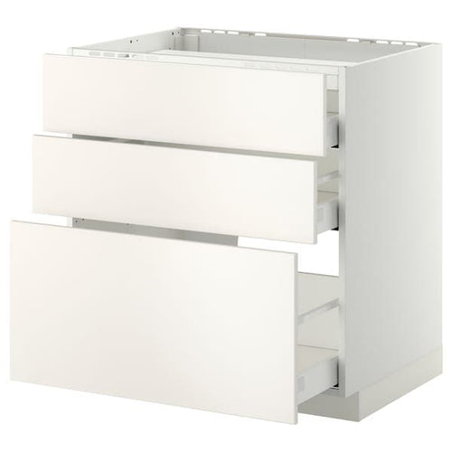 METOD / MAXIMERA - Base cab f hob/3 fronts/3 drawers, white/Veddinge white, 80x60 cm
