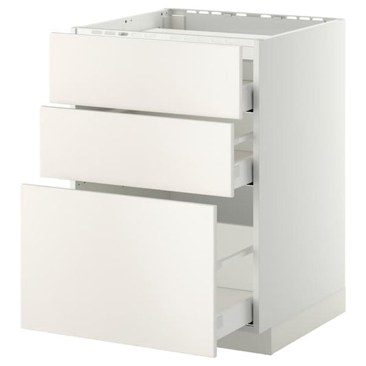 METOD / MAXIMERA - Base cab f hob/3 fronts/3 drawers, white/Veddinge white, 60x60 cm - best price from Maltashopper.com 19110094