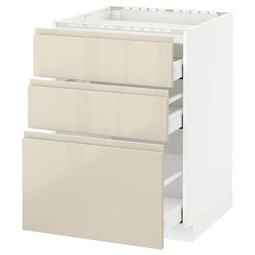 METOD / MAXIMERA - Base cab f hob/3 fronts/3 drawers, white/Voxtorp high-gloss light beige , 60x60 cm