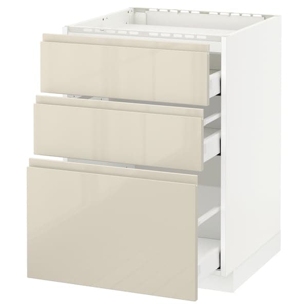 METOD / MAXIMERA - Base cab f hob/3 fronts/3 drawers, white/Voxtorp high-gloss light beige , 60x60 cm