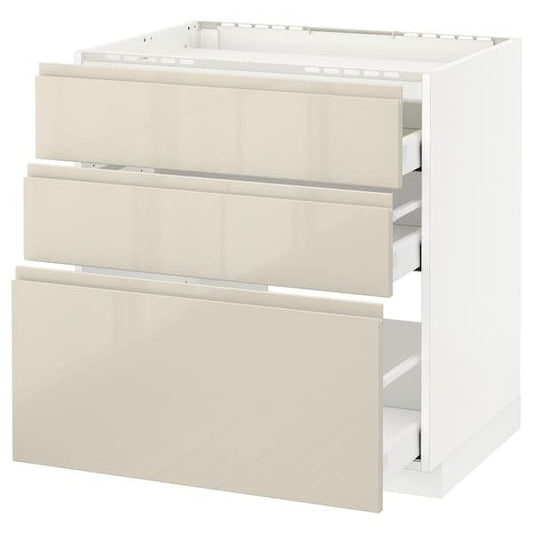 METOD / MAXIMERA - Base cab f hob/3 fronts/3 drawers, white/Voxtorp high-gloss light beige, 80x60 cm - best price from Maltashopper.com 09168194