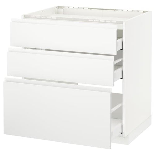 METOD / MAXIMERA - Base cab f hob/3 fronts/3 drawers, white/Voxtorp matt white, 80x60 cm