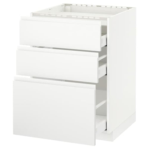 METOD / MAXIMERA - Base cab f hob/3 fronts/3 drawers, white/Voxtorp matt white, 60x60 cm