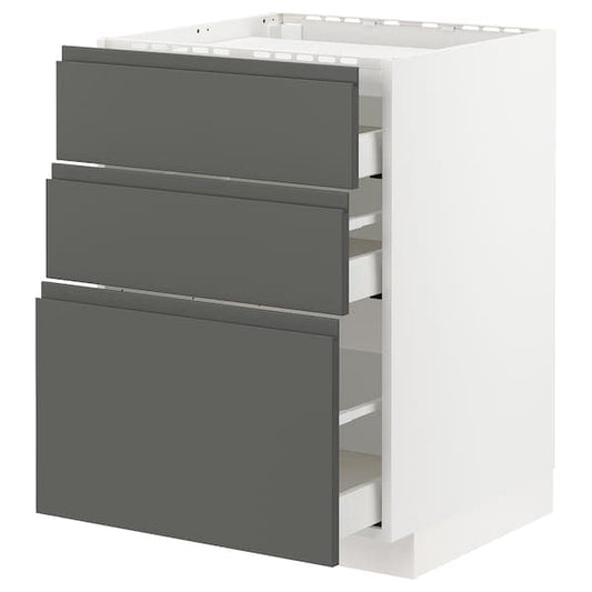 METOD / MAXIMERA - Base cab f hob/3 fronts/3 drawers, white/Voxtorp dark grey, 60x60 cm - best price from Maltashopper.com 79305475