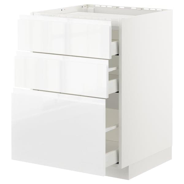 METOD / MAXIMERA - Base cab f hob/3 fronts/3 drawers, white/Voxtorp high-gloss/white, 60x60 cm - best price from Maltashopper.com 99253946