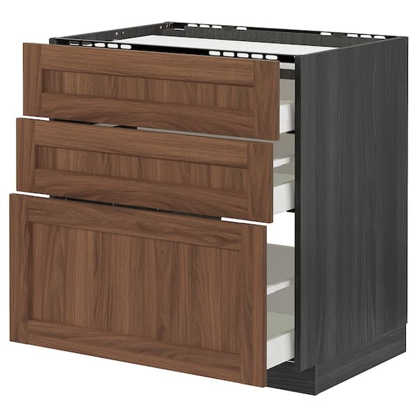 METOD / MAXIMERA - Base cab f hob/3 fronts/3 drawers, black Enköping/brown walnut effect, 80x60 cm