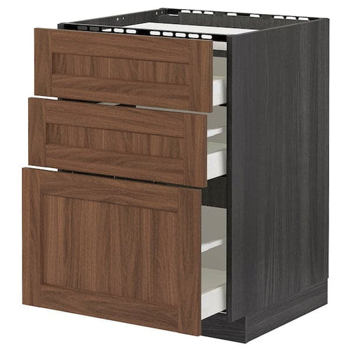 METOD / MAXIMERA - Base cab f hob/3 fronts/3 drawers, black Enköping/brown walnut effect, 60x60 cm