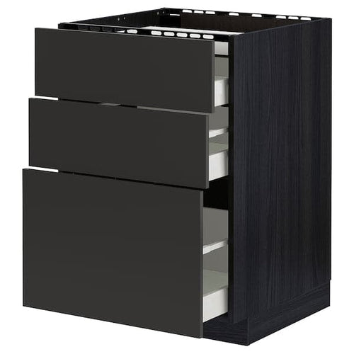 METOD / MAXIMERA - Base cab f hob/3 fronts/3 drawers, black/Nickebo matt anthracite, 60x60 cm