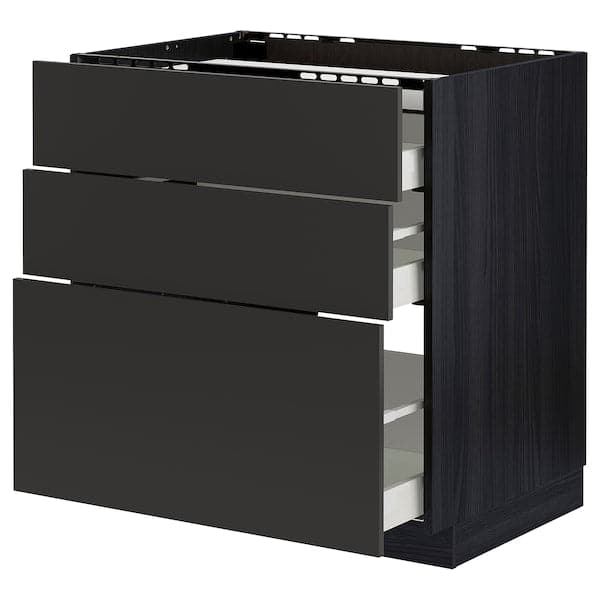 METOD / MAXIMERA - Base cab f hob/3 fronts/3 drawers, black/Nickebo matt anthracite, 80x60 cm - best price from Maltashopper.com 59498738