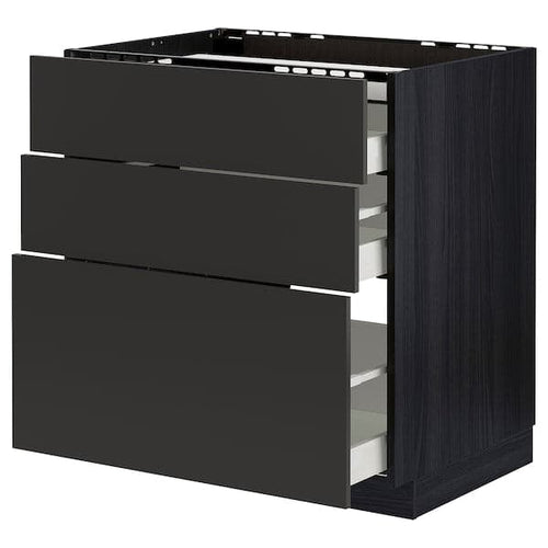 METOD / MAXIMERA - Base cab f hob/3 fronts/3 drawers, black/Nickebo matt anthracite, 80x60 cm