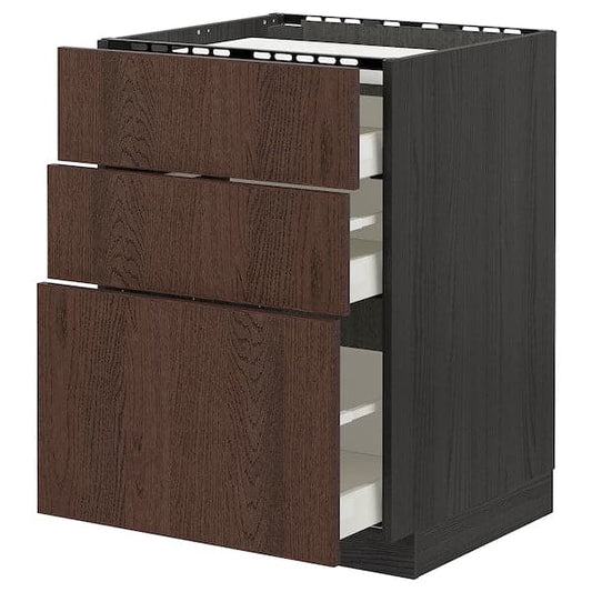 Ikea METOD / MAXIMERA - Base cab f hob/3 fronts/3 drawers, black/Sinarp brown , 60x60 cm