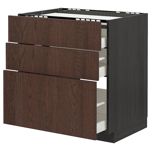 METOD / MAXIMERA - Base cab f hob/3 fronts/3 drawers, black/Sinarp brown, 80x60 cm