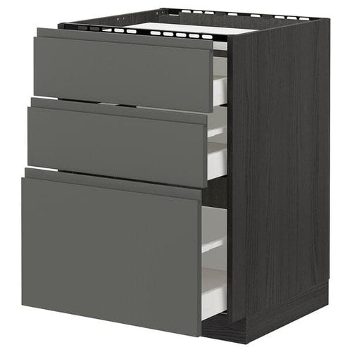 METOD / MAXIMERA - Base cab f hob/3 fronts/3 drawers, black/Voxtorp dark grey, 60x60 cm
