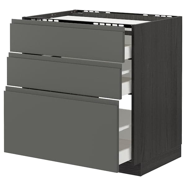 METOD / MAXIMERA - Base cab f hob/3 fronts/3 drawers, black/Voxtorp dark grey, 80x60 cm - best price from Maltashopper.com 39310959