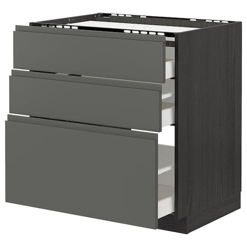 METOD / MAXIMERA - Base cab f hob/3 fronts/3 drawers, black/Voxtorp dark grey, 80x60 cm