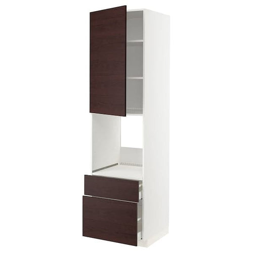 METOD / MAXIMERA - High cabinet f oven+door/2 drawers, white Askersund/dark brown ash effect , 60x60x220 cm