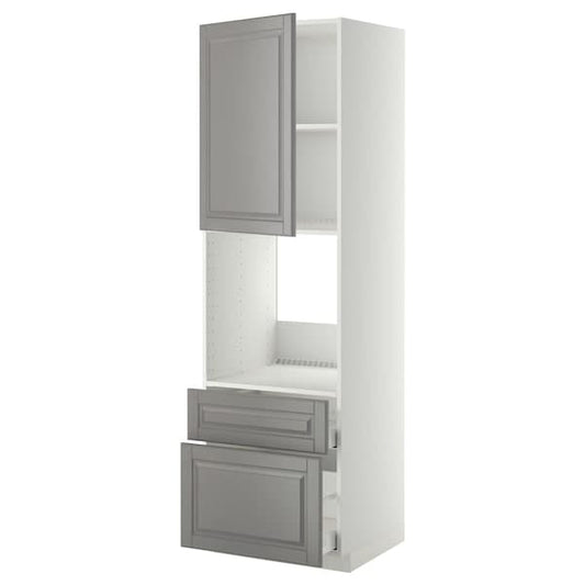 METOD / MAXIMERA - High cabinet f oven+door/2 drawers, white/Bodbyn grey , 60x60x200 cm - best price from Maltashopper.com 59455159