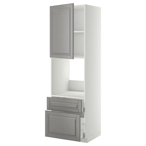 METOD / MAXIMERA - High cabinet f oven+door/2 drawers, white/Bodbyn grey , 60x60x200 cm