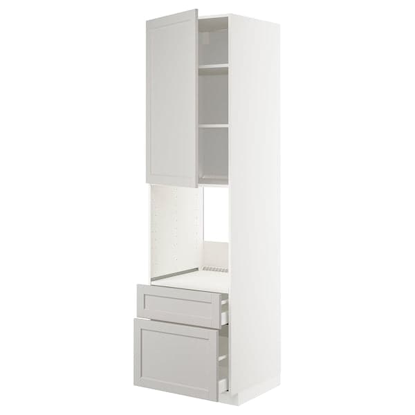 METOD / MAXIMERA - High cabinet f oven+door/2 drawers, white/Lerhyttan light grey, 60x60x220 cm