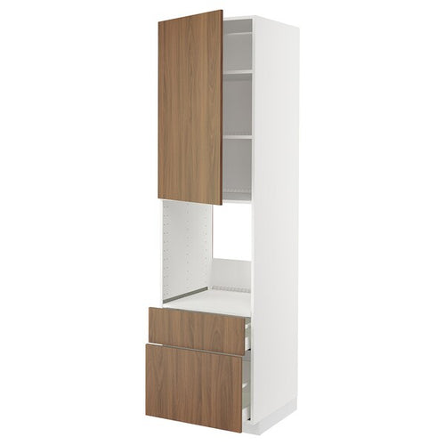 METOD / MAXIMERA - High cabinet f oven+door/2 drawers, white/Tistorp brown walnut effect, 60x60x220 cm
