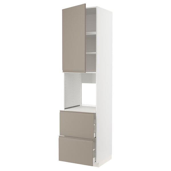 METOD / MAXIMERA - High cabinet f oven+door/2 drawers, white/Upplöv matt dark beige , 60x60x240 cm