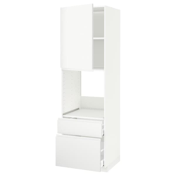 METOD / MAXIMERA - High cabinet f oven+door/2 drawers, white/Voxtorp matt white , 60x60x200 cm