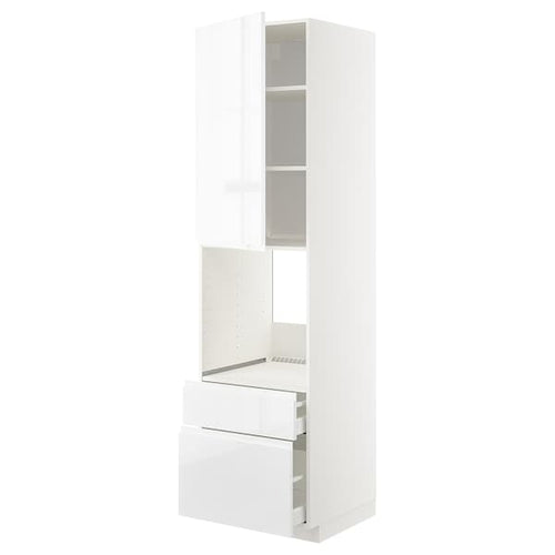 METOD / MAXIMERA - High cabinet f oven+door/2 drawers, white/Voxtorp high-gloss/white , 60x60x220 cm