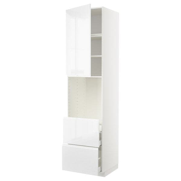 METOD / MAXIMERA - High cabinet f oven+door/2 drawers, white/Voxtorp high-gloss/white, 60x60x240 cm