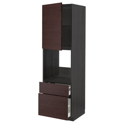 METOD / MAXIMERA - High cabinet f oven+door/2 drawers, black Askersund/dark brown ash effect , 60x60x200 cm