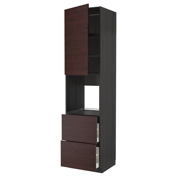 METOD / MAXIMERA - High cabinet f oven+door/2 drawers, black Askersund/dark brown ash effect