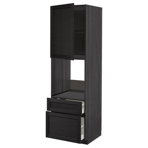 METOD / MAXIMERA - High cabinet f oven+door/2 drawers, black/Lerhyttan black stained, 60x60x200 cm