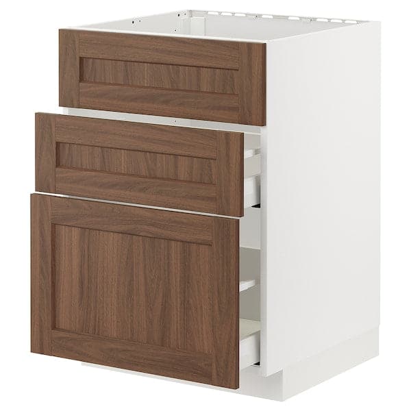 METOD / MAXIMERA - Base cab f hob/int extractor w drw, white Enköping/brown walnut effect, 60x60 cm