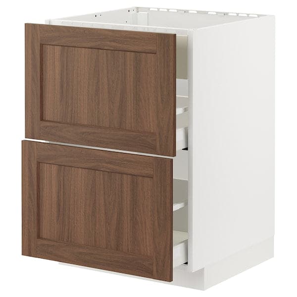 METOD / MAXIMERA - Base cab f hob/int extractor w drw, white Enköping/brown walnut effect, 60x60 cm