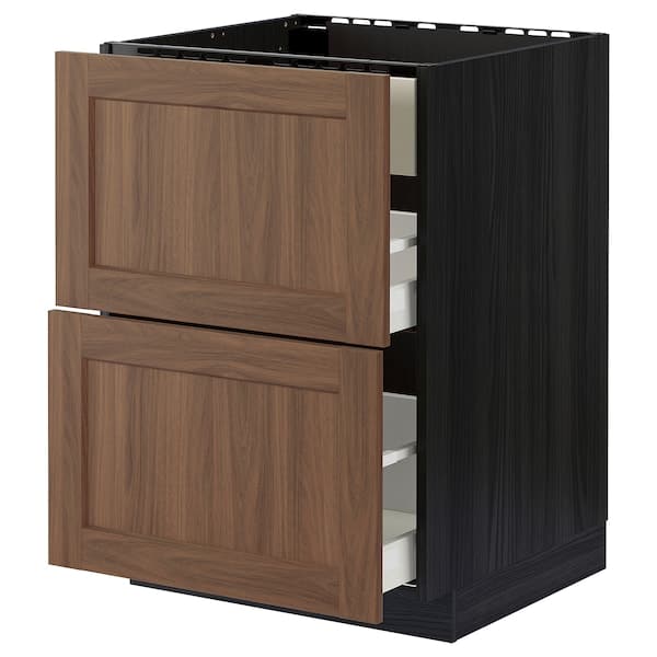 METOD / MAXIMERA - Base cab f hob/int extractor w drw, black Enköping/brown walnut effect, 60x60 cm