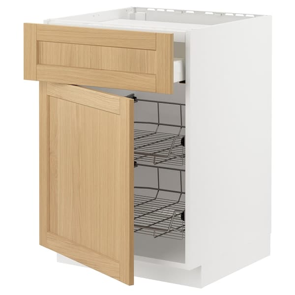 Ikea METOD / MAXIMERA - Base cab f hob/drawer/2 wire bskts, white/Forsbacka oak, 60x60 cm