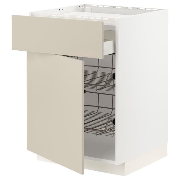 METOD / MAXIMERA - Base cab f hob/drawer/2 wire bskts, white/Havstorp beige, 60x60 cm - best price from Maltashopper.com 39504052